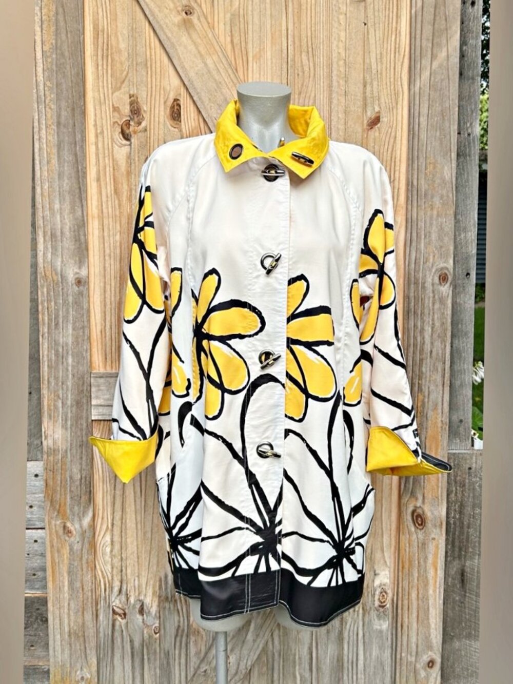 Oopera Yellow Artistic Flower Reversible Swing Water Repellant Raincoat~L~